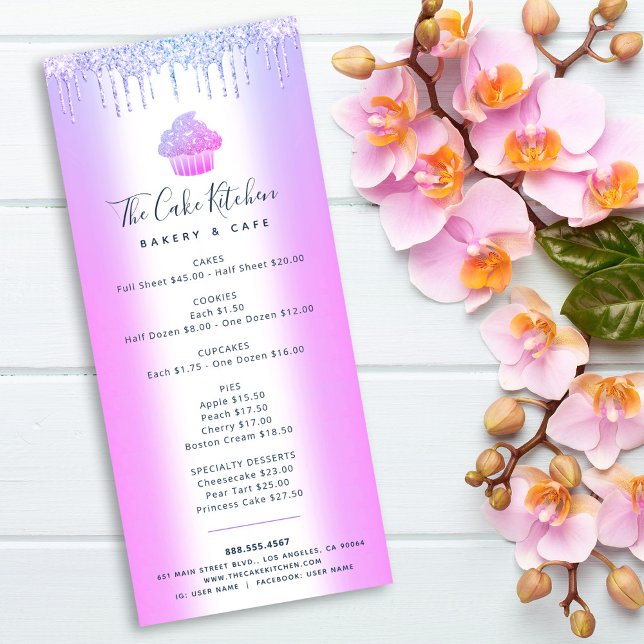 Lila Glitter Bakery Cuptårta Pastry Chef Menu Reklamkort (Skapare uppladdad)