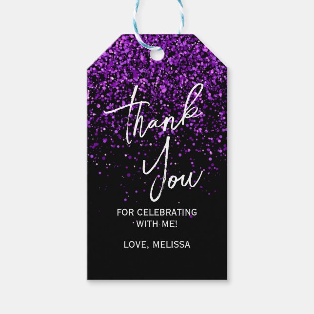 Lila Glitter Black Birthday Tack Presentetikett (Framsidan)