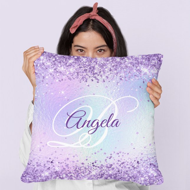 Lila glitter blek iriserande snygg monogram kudde (Purple Glitter Pale Iridescent Fancy Monogram Throw Pillow)