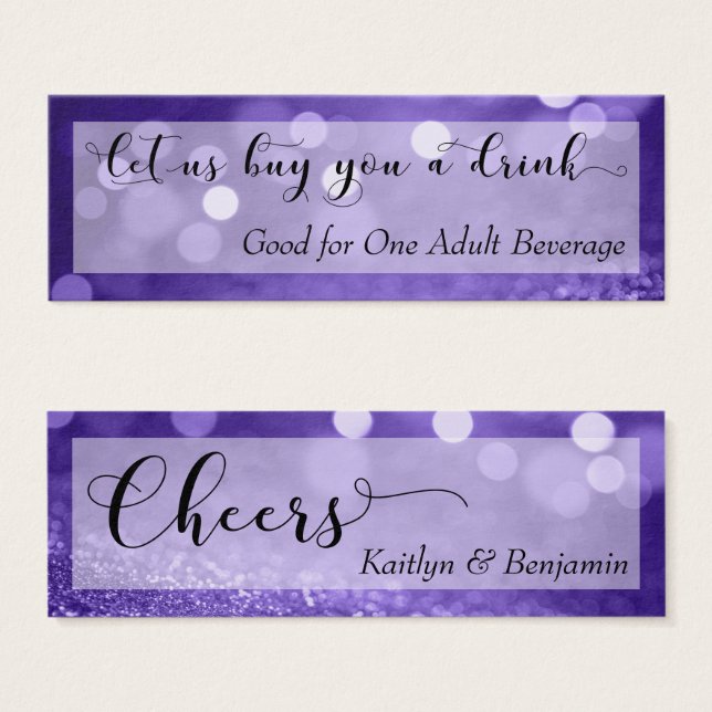 Lila Glitter Bokeh Script Mini Drink Biljett (Framsida & baksida)