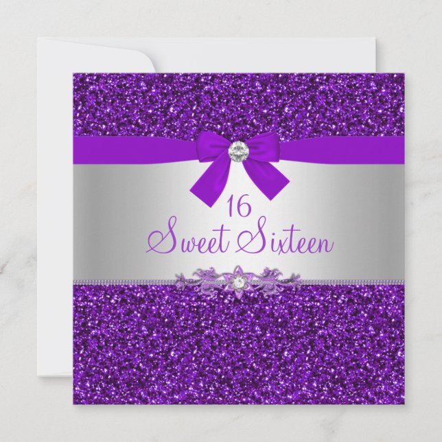 Lila glitter & Bow Sweet Sixteen-inbjudan Inbjudningar (Framsida)