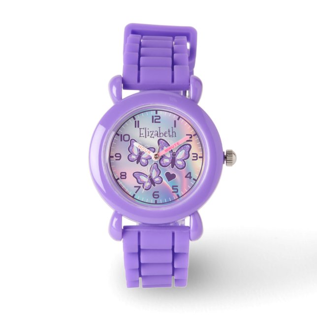 Lila Glitter Butterflies First Watch for Girls Armbandsur (Framsida)