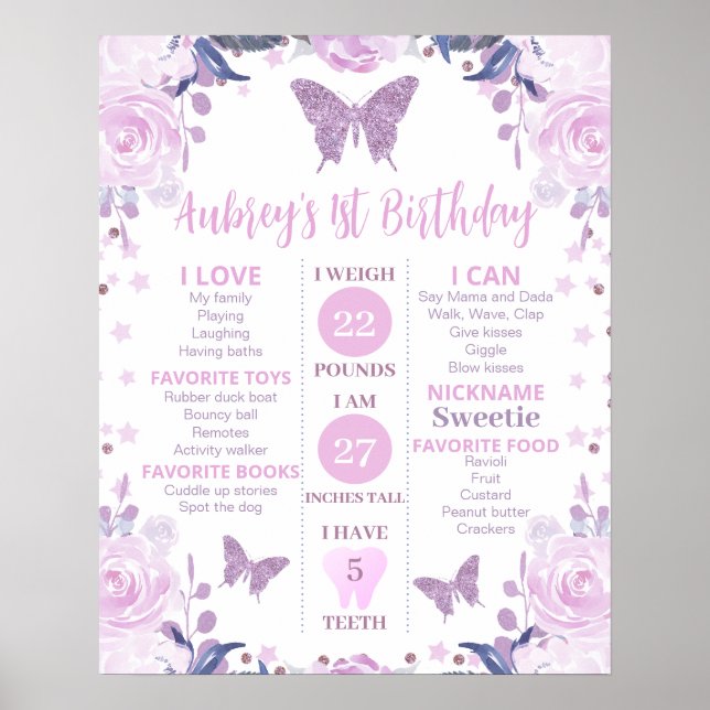 Lila Glitter Butterfly Birthday Milestone Poster (Framsidan)