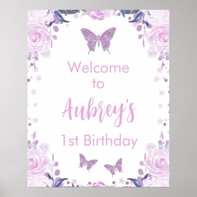 Lila Glitter Butterfly Birthday Välkommen Poster (Framsidan)