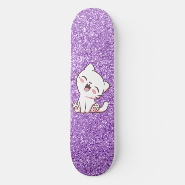 Lila Glitter Cat Skateboard Deck (Framsida)