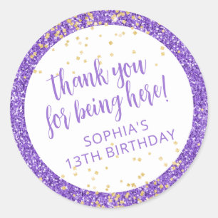 Lila Glitter Confetti Tack Bday-förmån Runt Klistermärke