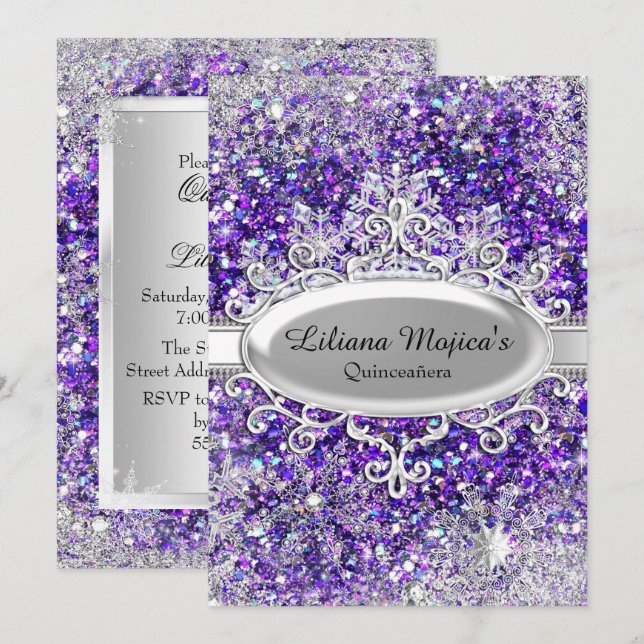 Lila Glitter Crystal Snowflake Quinceanera Inbjudningar (Fram/baksida)