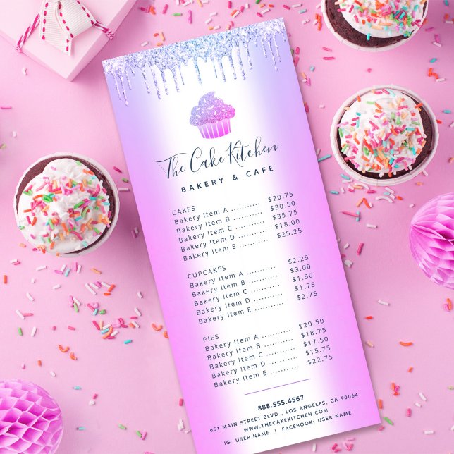 Lila Glitter Cupkaka Bakery Pastry Chef Menu Reklamkort (Skapare uppladdad)