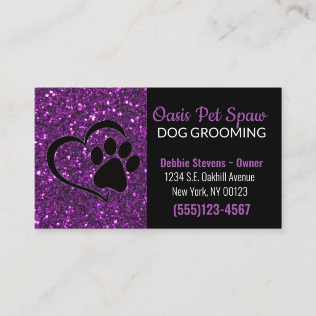 Lila Glitter Design Hund Pet Grooming Service Visitkort (Framsida)