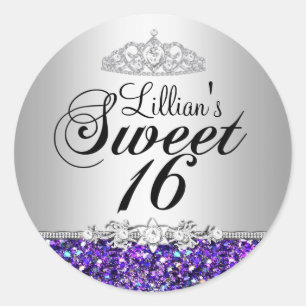 Lila glitter & diamant tiara Sweet 16 dekal Runt Klistermärke