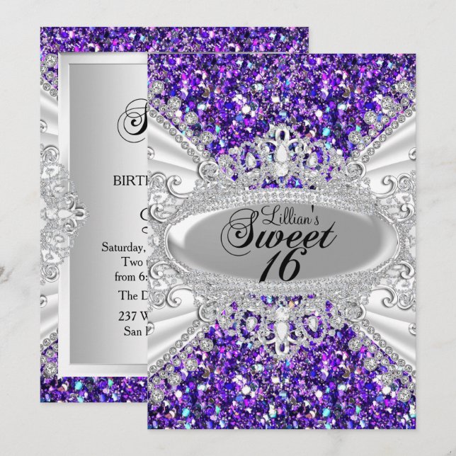 Lila Glitter Diamant Tiara Sweet 16 Inbjudan (Fram/baksida)
