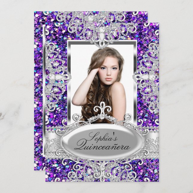Lila Glitter & Diamond Glamor Quinceanera Inbjudningar (Fram/baksida)