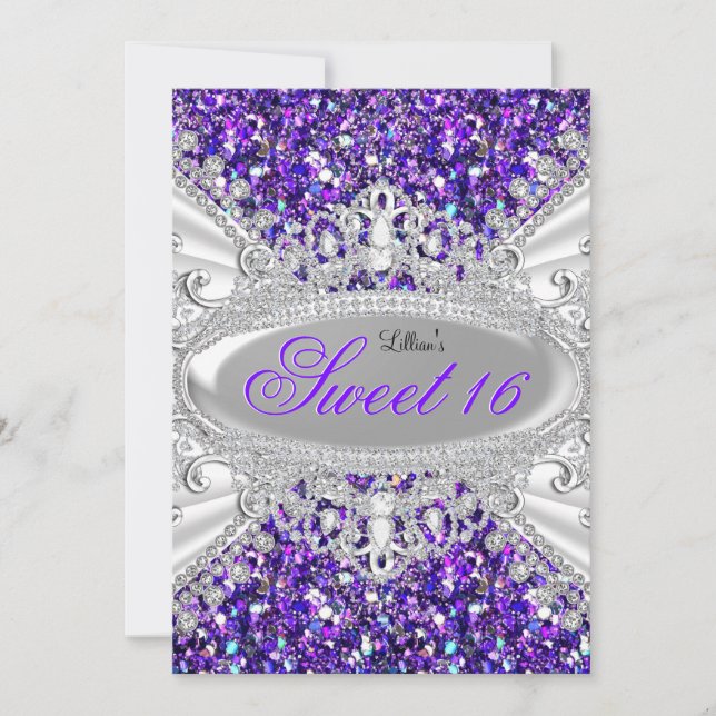 Lila Glitter & Diamond Tiara Sweet 16 Inbjudningar (Framsida)