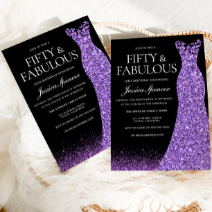 Lila Glitter Dress Gown 50:e Födelsedagsfesten Inbjudningar