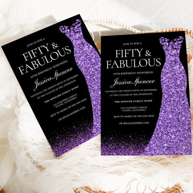 Lila Glitter Dress Gown 50:e Födelsedagsfesten Inbjudningar (Skapare uppladdad)