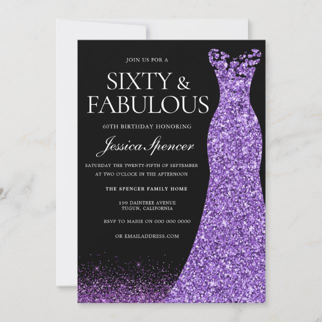 Lila Glitter Dress Gown 60:e Födelsedagsfesten Inbjudningar (Framsida)