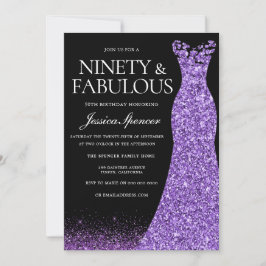 Lila Glitter Dress Gown 90:e Födelsedagsfest Inbjudningar