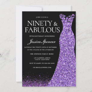 Lila Glitter Dress Gown 90:e Födelsedagsfest Inbjudningar