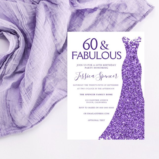Lila Glitter Dress Womans 60:e Födelsedagsfesten Inbjudningar (Skapare uppladdad)