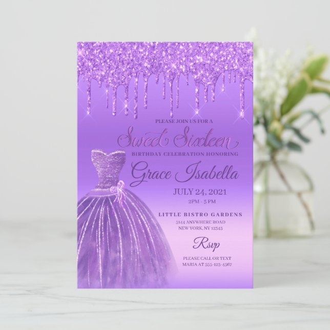 Lila Glitter Drift Sweet sixteen Birthday Inbjudningar (Stående Fram)
