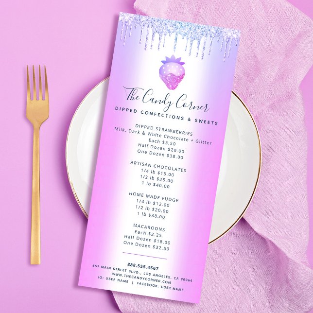 Lila Glitter Drip jordgubbsbär Dessert Menu Reklamkort (Skapare uppladdad)