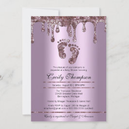 Lila Glitter Drip Luxury Baby Feet Shower Inbjudningar
