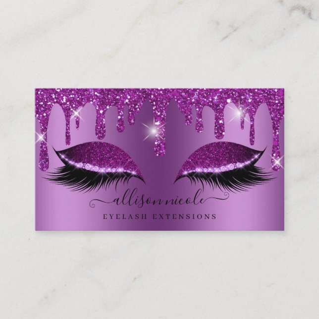 Lila Glitter Drip Metallic Foil Eyelash Visitkort (Framsida)