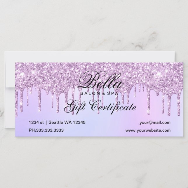 Lila Glitter Drip Salon and Spa Gift Certificate (Framsida)