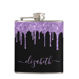 Lila Glitter Drives Personlig Black Flask Fickplunta