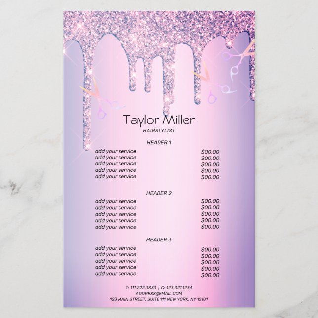 Lila glitter droppar holografisk sax hårstrupe flygblad (Framsidan)