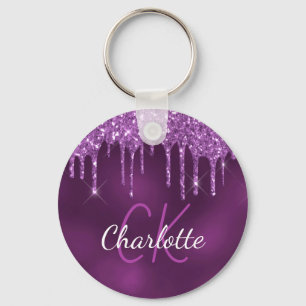 Lila glitter droppar monogram initialer elegant nyckelring