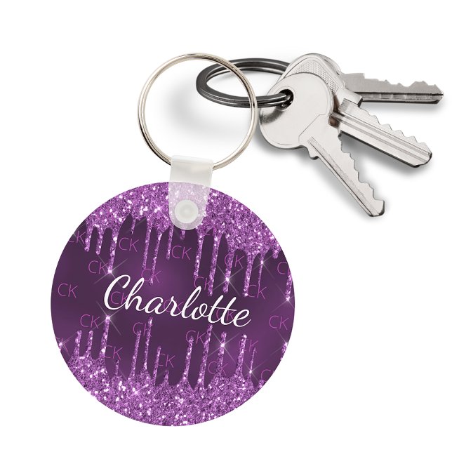 Lila glitter droppar monogram initialer namn lyx nyckelring (Skapare uppladdad)