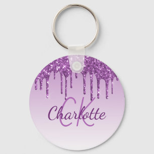 Lila glitter droppar monogram initialer namn nyckelring