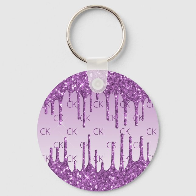 Lila glitter droppar monogram initialer nyckelring (Framsida)