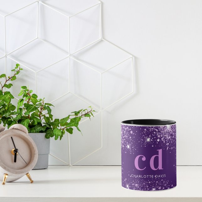 Lila glitter droppar monogram namn  mugg (Skapare uppladdad)