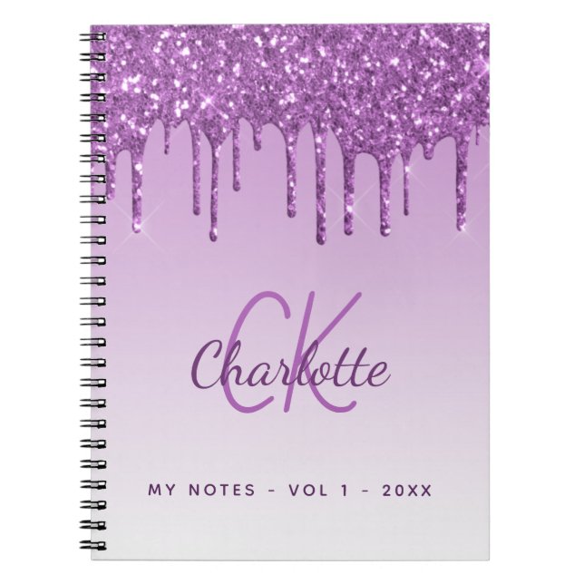 Lila glitter droppar violett monogram lyxolja anteckningsbok (Framsidan)