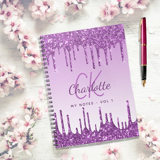 Lila glitter drops violet monogram 2023 anteckningsbok (Skapare uppladdad)