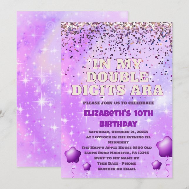 Lila Glitter Dubbla Siffror födelsedag med ballong Inbjudningar (Fram/baksida)