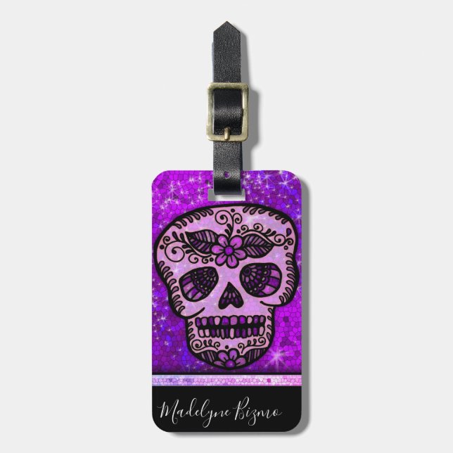 Lila Glitter Elegant Black Skull Travel Monogram Bagagebricka (Vertikal Framsida)
