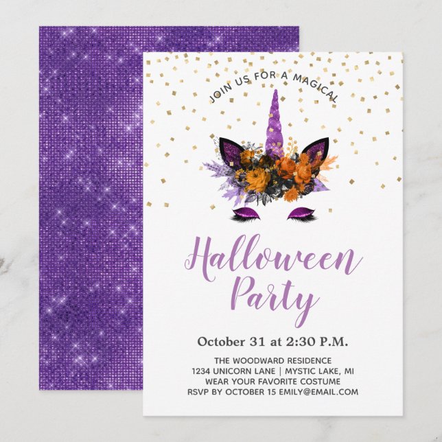 Lila Glitter Enhörning Halloweenfest Inbjudningar (Fram/baksida)