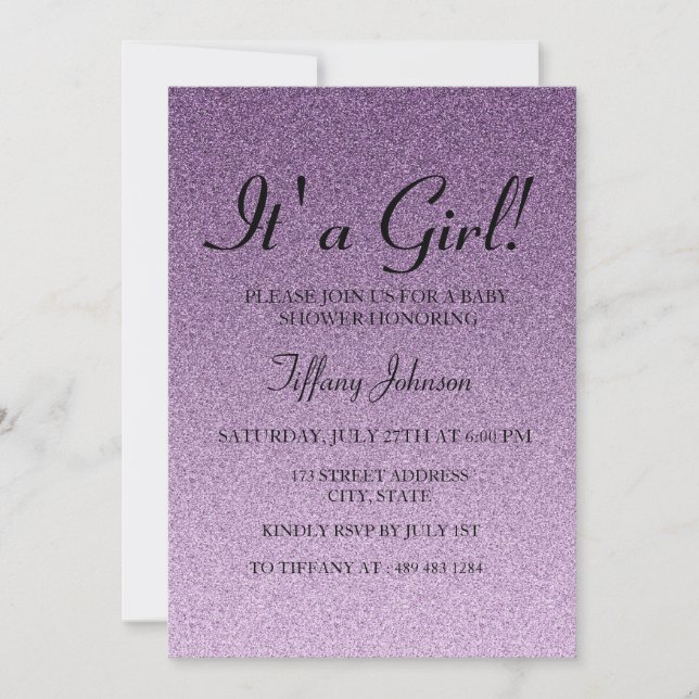 Lila Glitter Faux dess A Girl Baby Shower Inbjudan (Framsida)
