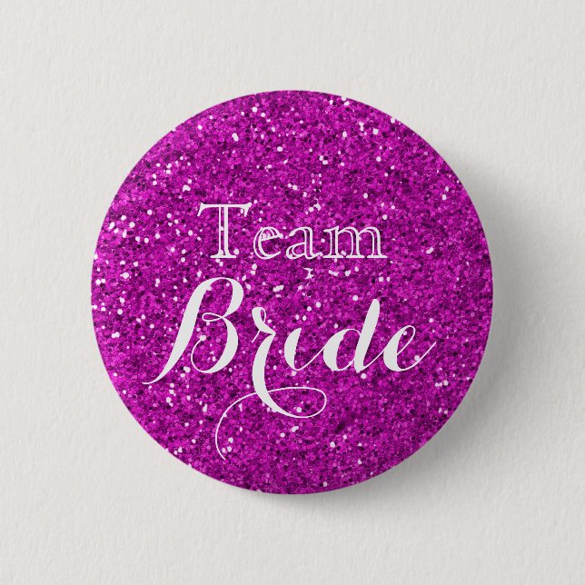 Lila Glitter Faux Foil Bröllop Team Bride Knapp (Framsida)