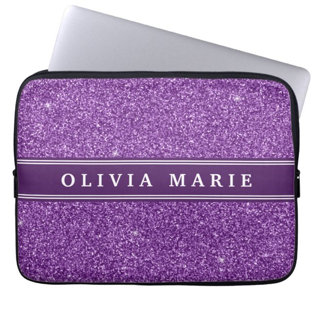 Lila Glitter (faux) Personlig Namn Laptop Fodral (Framsidan)