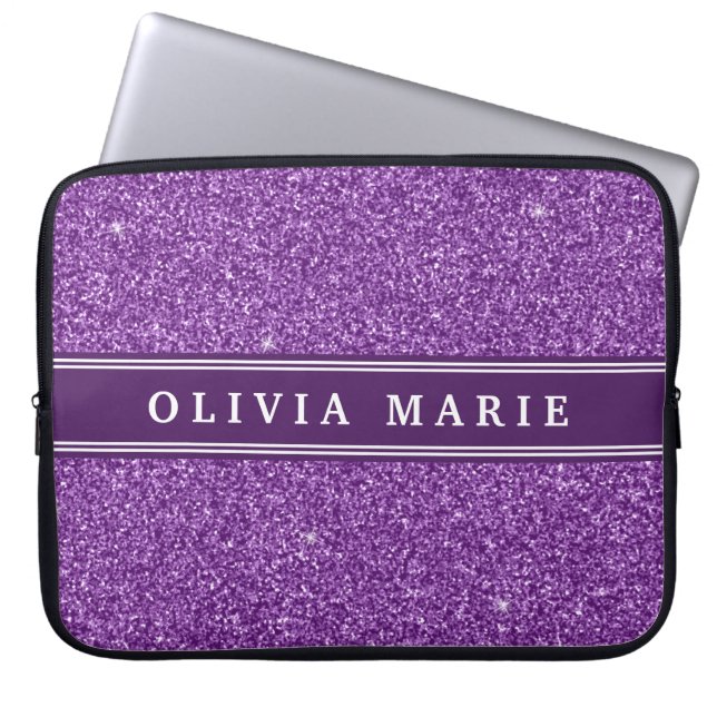 Lila Glitter (faux) Personlig Namn Laptop Sleeve (Framsidan)