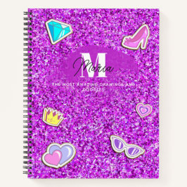 Lila Glitter Flickig Monogram Namn Skissbok