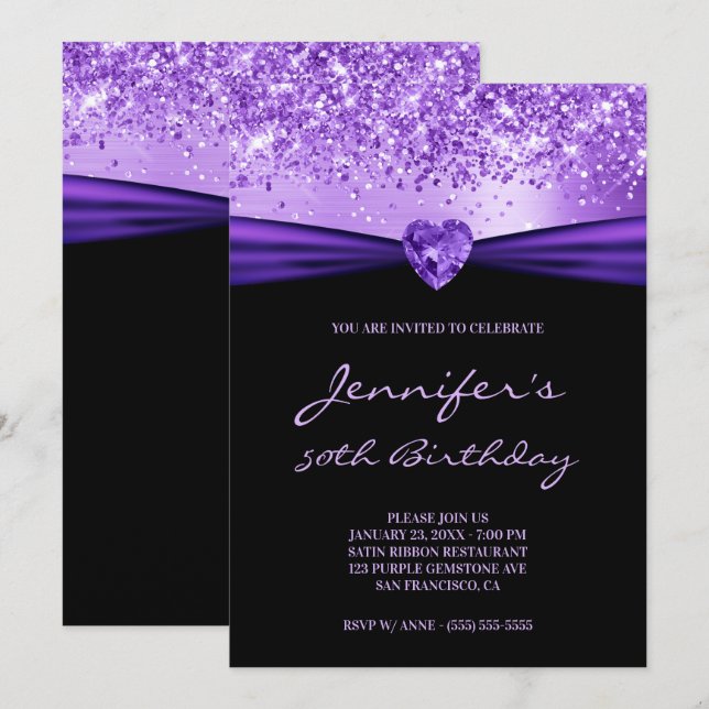 Lila Glitter Foil Gem Heart 50:e födelsedagen Inbjudningar (Fram/baksida)