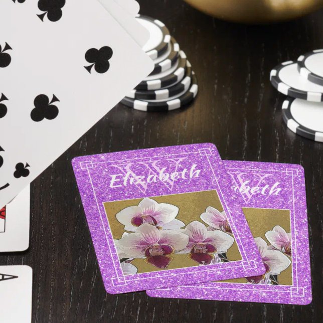 Lila Glitter Förbokstav Monogram Anpassad Foto Casinokort (Personalized initial letter monogram playing cards with purple and white orchid photo)