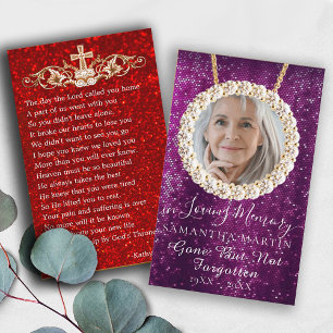 Lila Glitter Funeral Memorial Prayer Photo Card Visitkort