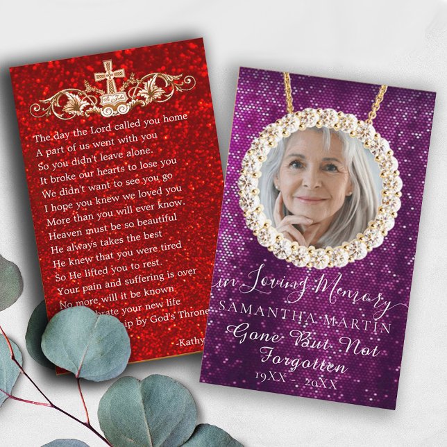Lila Glitter Funeral Memorial Prayer Photo Card Visitkort (Skapare uppladdad)