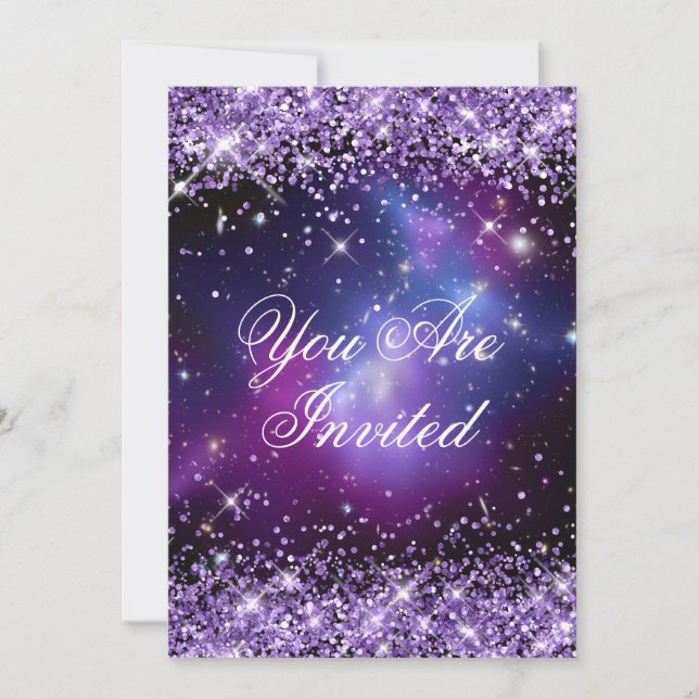 Lila Glitter Galax Planetarium Bröllop Inbjudningar (Framsida)